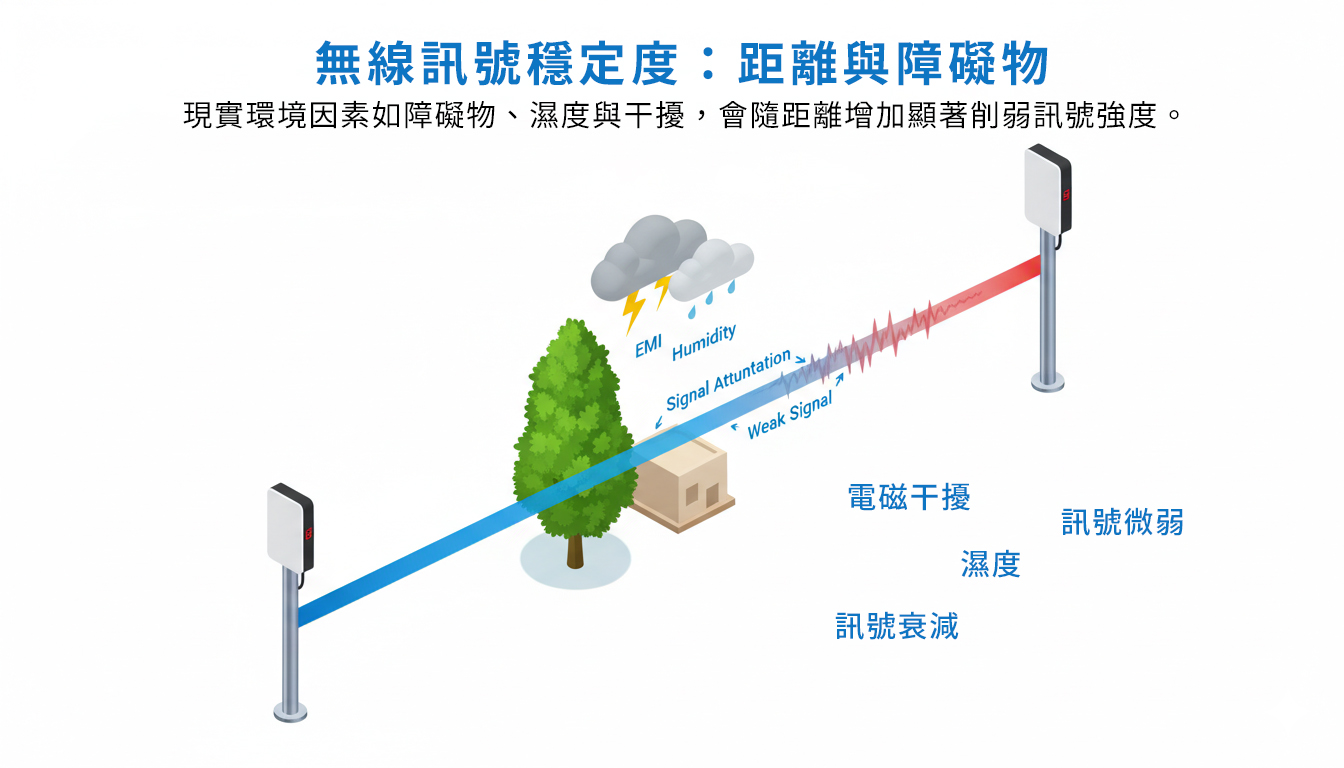 無線橋接距離與遮蔽物對穩定影響示意圖