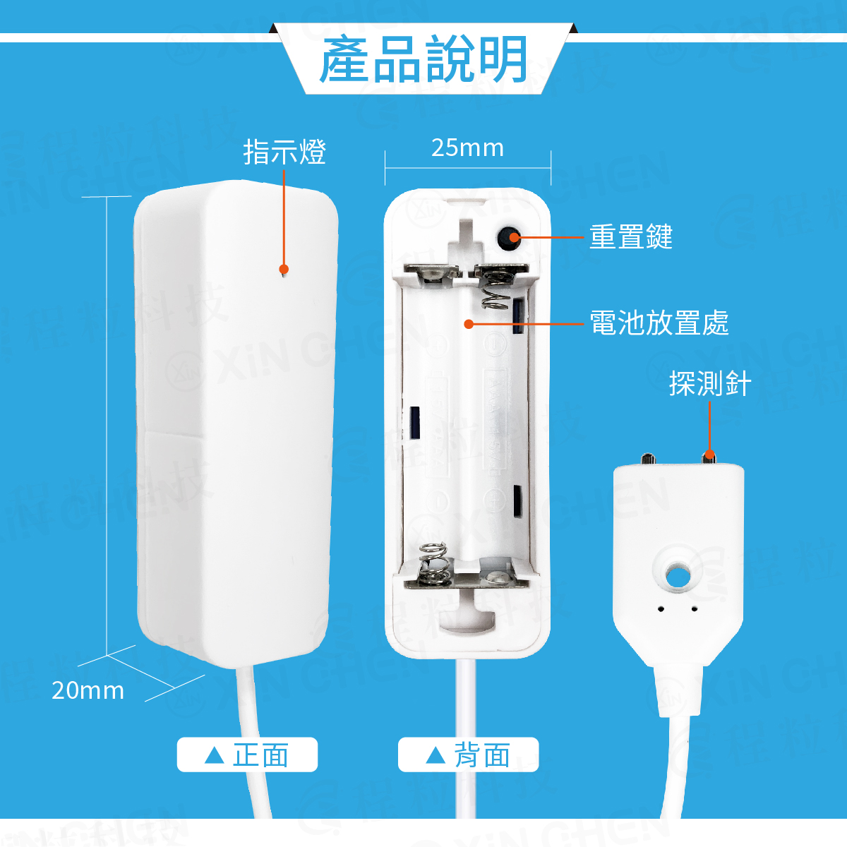 智能漏水偵測器硬體按腳結構，標示電池放置、重置鍵與探測針