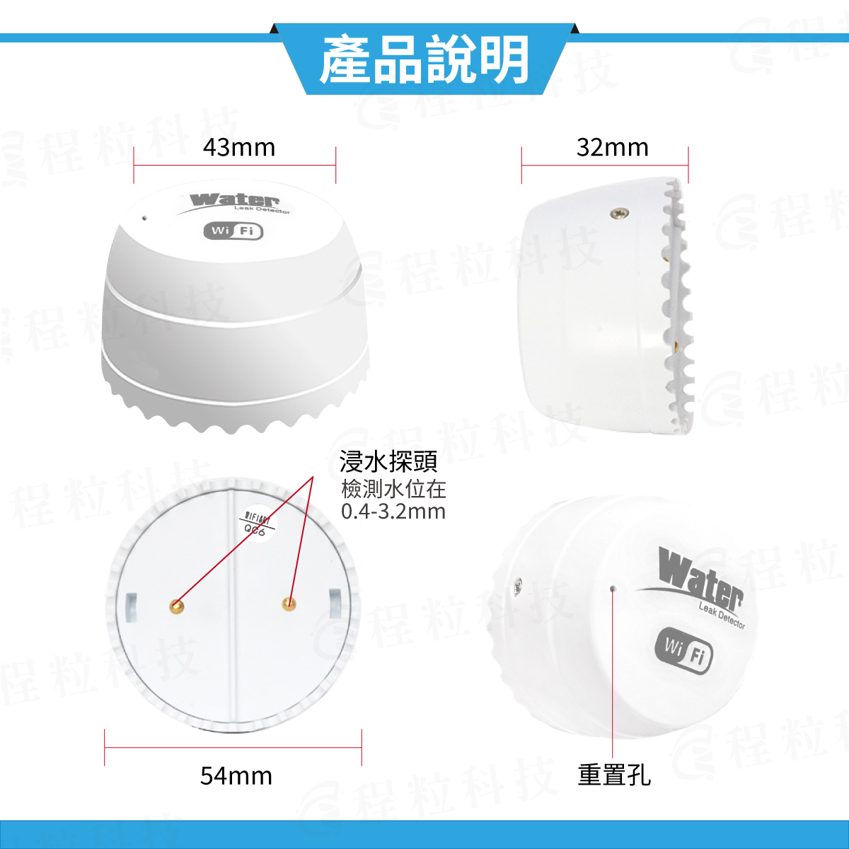 瓶蓋款智慧漏水偵測器尺寸結構,標示重置孔與底部浸水探頭