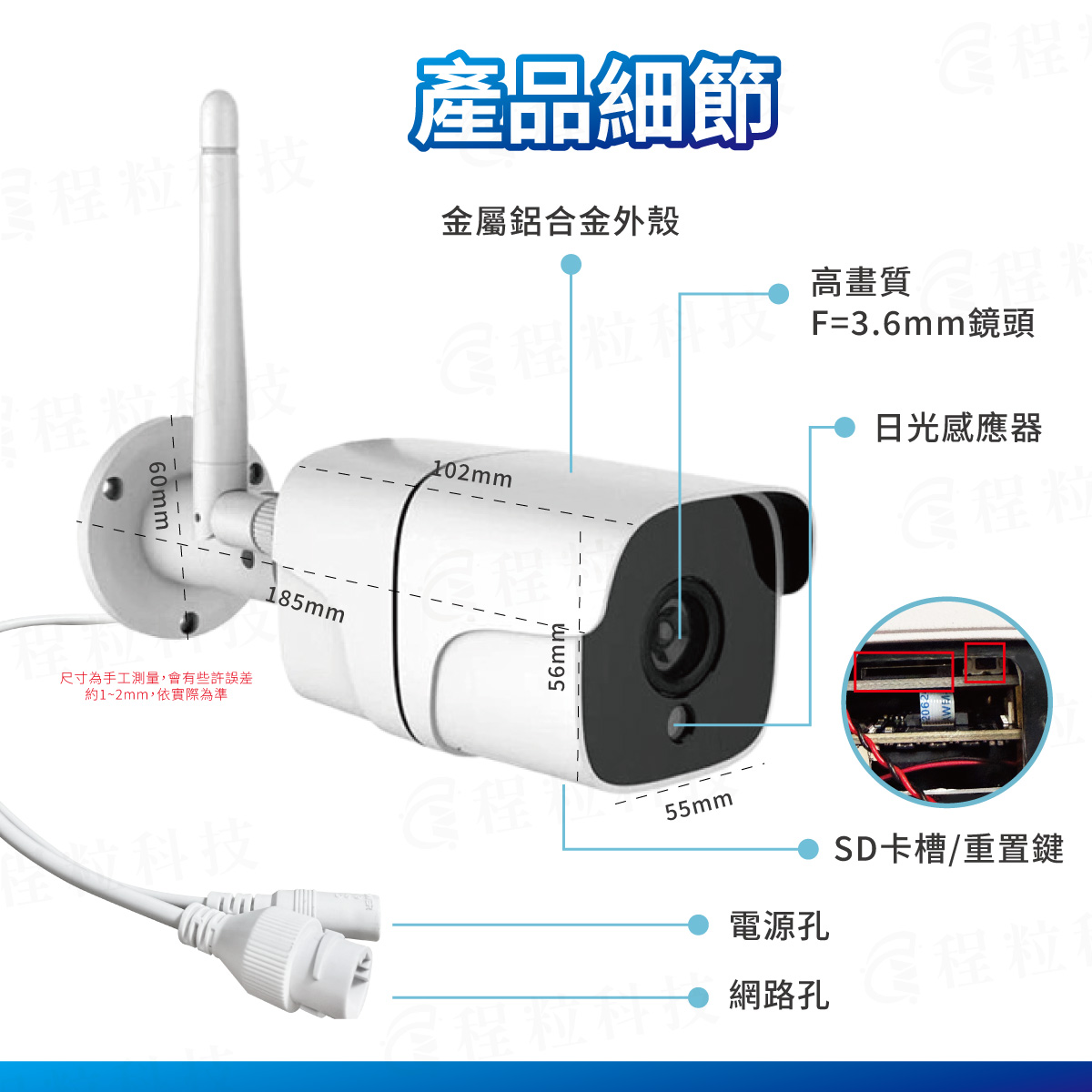 300萬畫素槍型攝影機尺寸結構，標示鋁合金外殼與SD記憶卡槽
