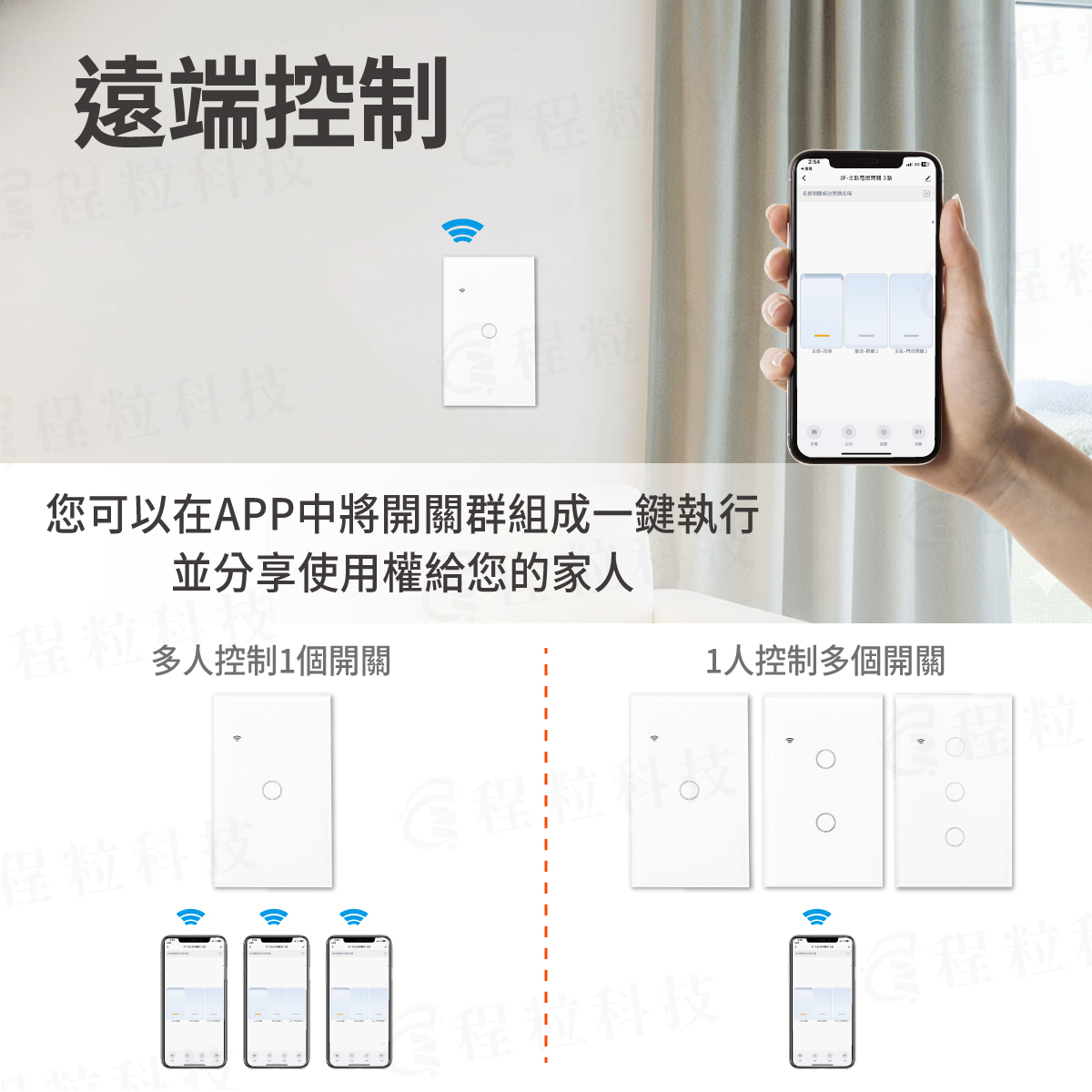 智慧開關遠端控制與家庭群組共享管理，支援一鍵執行智慧場景